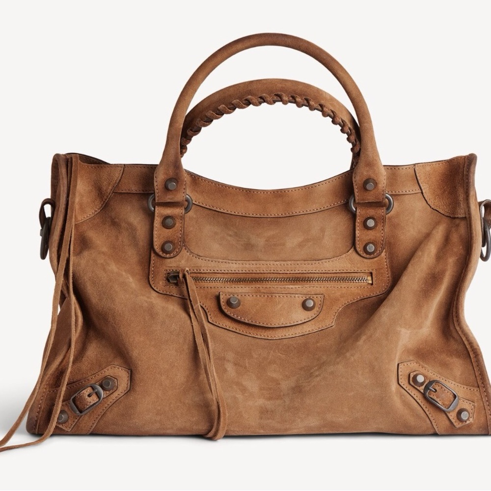 Balenciaga Le City Bag Medium in camel suede calfskin, brass hardware 2026 BNWT